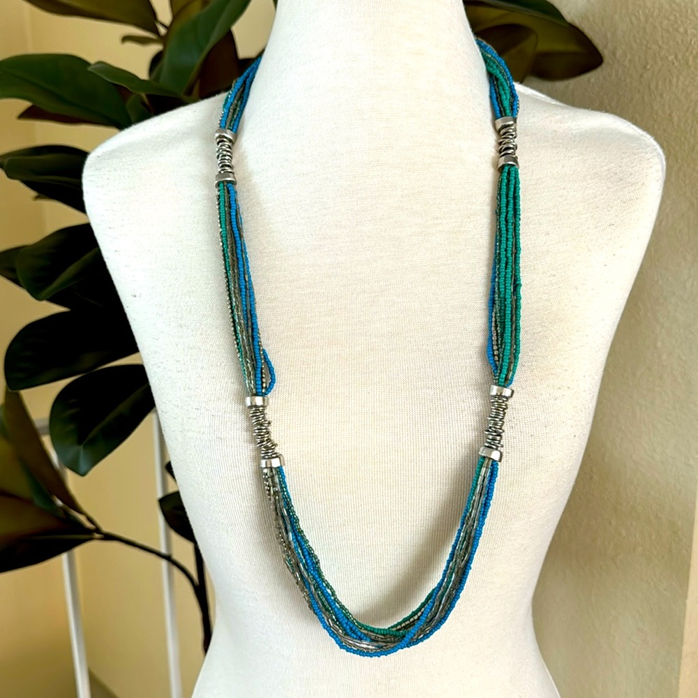 Ann Taylor Loft Boho Turquoise Beaded Multi Strands Silver Tone Rings Necklace